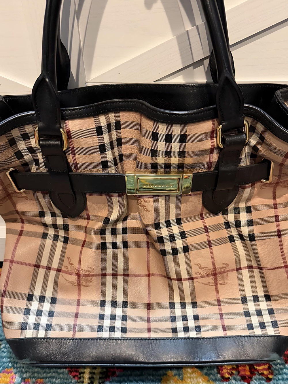 Burberry Beige Plaid Tote with Black Leather Trim and Gold Hardware